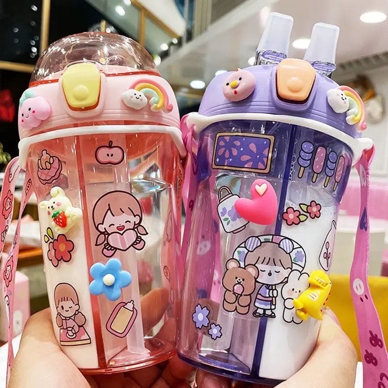 Cute Double Drinking Water Bottle, 430Ml Dual Straw Bottle, Cartoon Sticker Water Bottle, Student Couple Plastic Cup, Transparent Portable Cute Cup with Straw, Double Plastic Sports Cute Water Bottle, Portable Children's Sippy Cup Cute Double Drinking Water Bottle, 430Ml Dual Straw Bottle, Cartoon Sticker Water Bottle, Student Couple Plastic Cup, Transparent Portable Cute Cup with Straw, Double Plastic Sports Cute Water Bottle, Portable Children's Sippy Cup